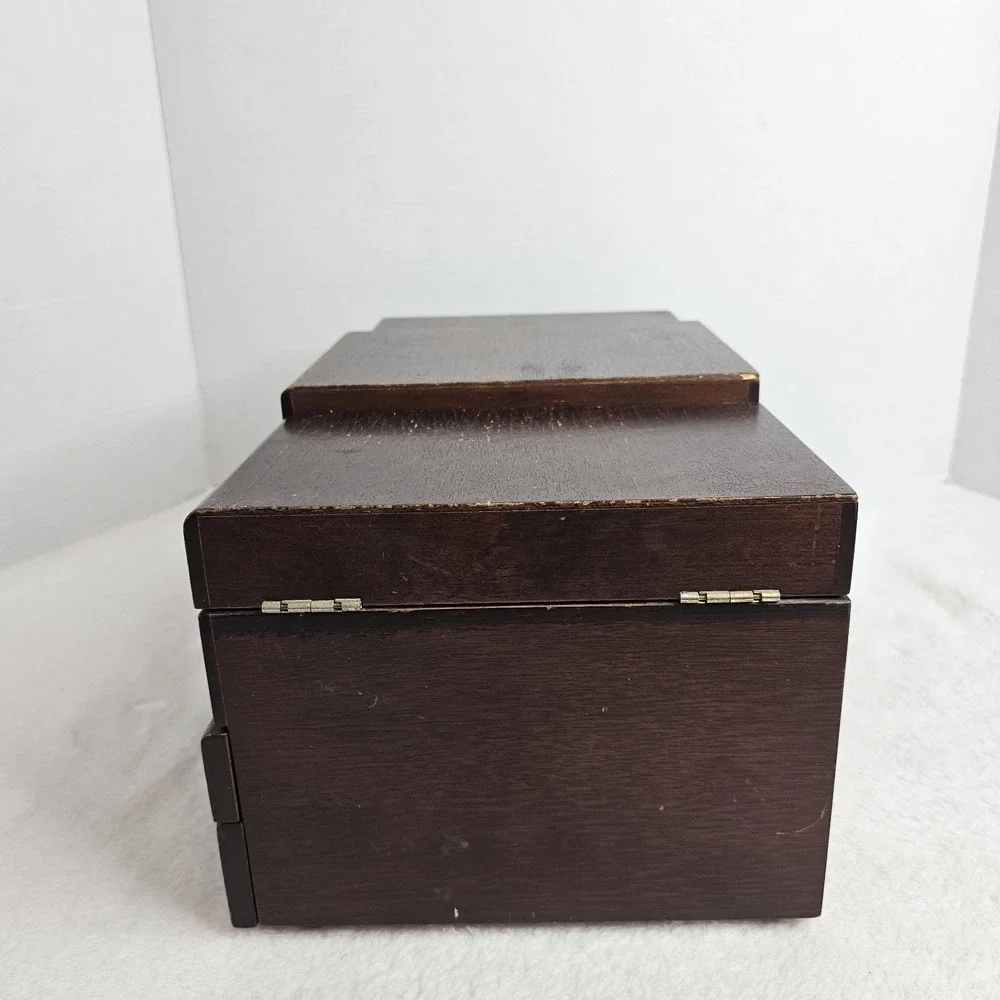 VTG Mid Century Modern Wood Jewelry Box 2 Drawer Blue Velvet Lined MCM Mirror
